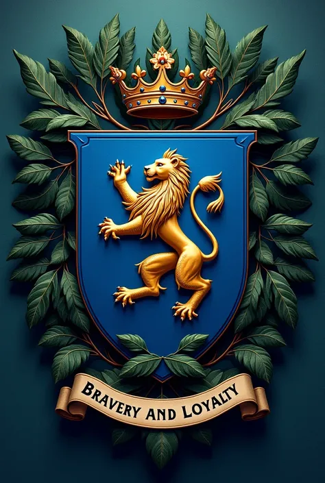  A coat of arms with blue tones , and surrounding leaves ,  with a lion in the center and the phrase in a pennant below the coat of arms with the phrase "bravery and loyalty "