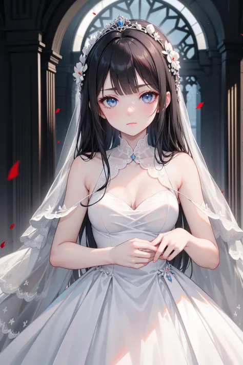  has long, dark hair ， with warm blue eyes  ，Black eyebrows、Clear and bright eyes，The lines of the facial features are soft and graceful，Cold and elegant，Refined spirit，There is no flaw at all，The skin is white and red ，Wedding Dress，wedding