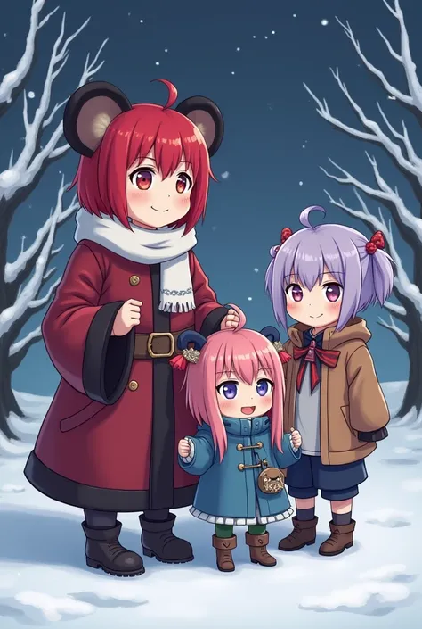 Red-haired diluke ,  lilac-haired little zombie girl qiqi ,  boy with gray hair and a sword behind Razor, светловолосый самурай кадзуха из genshin impact anime,  New Year, winter, present,drawn, ibis paint , party, anime