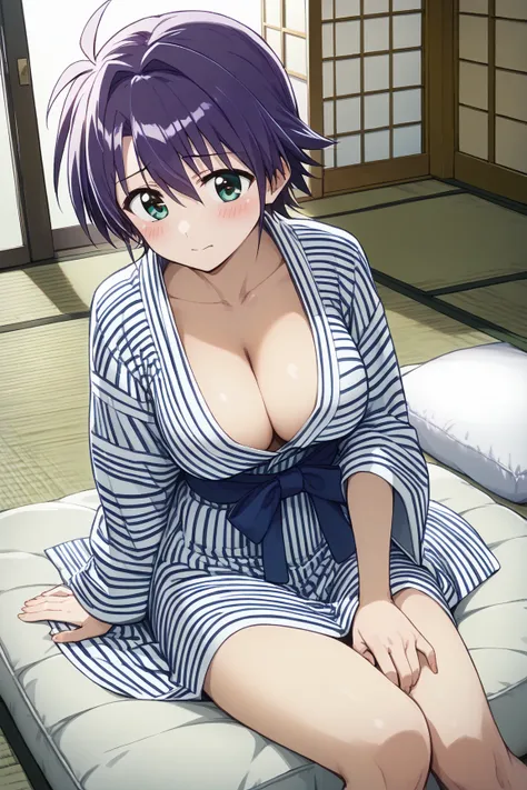 Subaru Nakajima,megami magazine,short hair,purple hair,hair between eyes,aqua eyes,large breasts,
yukata,wearing japanese yukata,cleavage,print light blue stripe yukata,(plain color yukata:1.3),
(a girl sitting on futon,seiza:1.5),(Japanese-style room, tat...