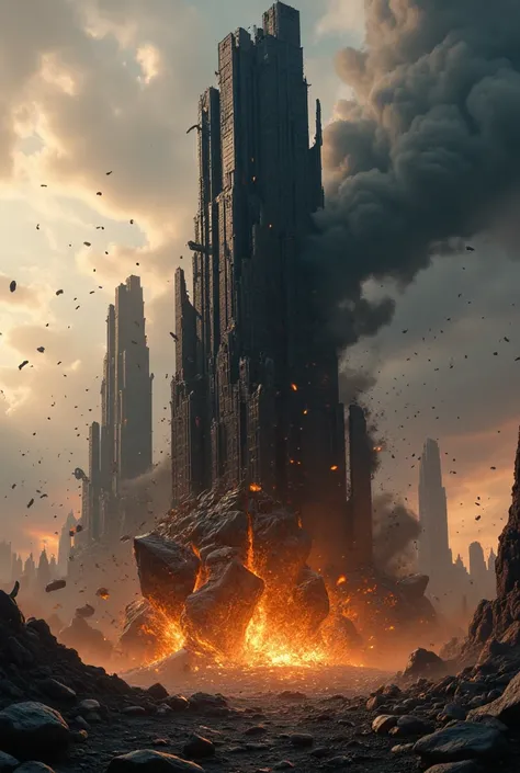 super black Dark Tower, The Dark Tower collapsed in a disaster, with huge stones and fragments flying everywhere. The background is a chaotic battlefield and a storm in the sky. The art style is stunning, with black and orange as the main colors, showcasin...