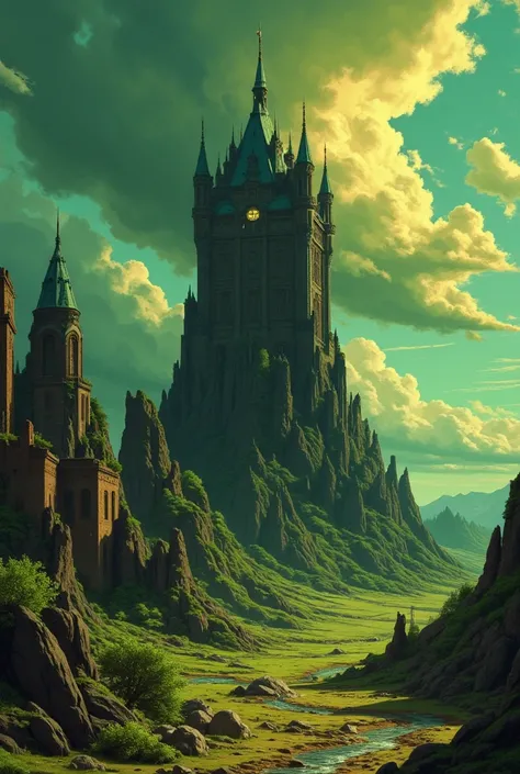 super black Dark Tower, Above the ruins, a new dark tower is rising, with a more sturdy and towering structure. Surrounded by new plants and a glimmer of hope. The painting style is hopeful, with green and gold as the main colors, showcasing the hope and f...