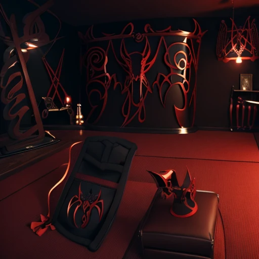 A beautiful bedroom, dragon themed, technological, cherry black and dark colored, ultra defined,ultra inspired, masterpiece, 4k, uhd, aggressive design, beautiful , futuristic medievale atmosphere