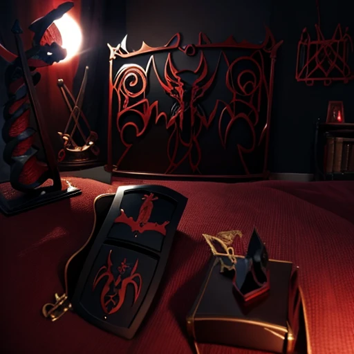 A beautiful bedroom, dragon themed, technological, cherry black and dark colored, ultra defined,ultra inspired, masterpiece, 4k, uhd, aggressive design, beautiful , futuristic medievale atmosphere