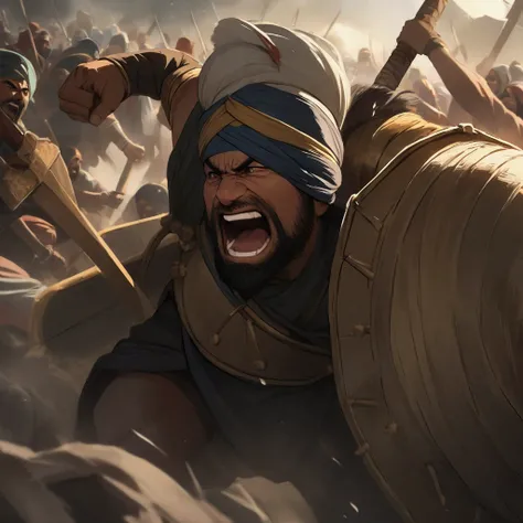 A group of sikh warriors in the war with sword and shields . They are roaring like lion.