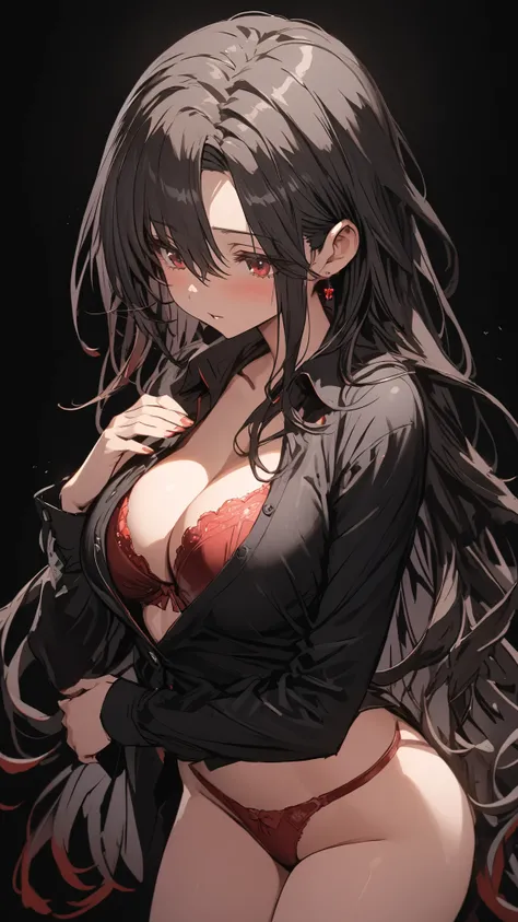 Anime girl, sexy girl, sexy figure, big breasts, wearing only red panties, shirt upper button is open showing red bra and her but, red eyes, black hairs, showing off her figure, sexy poses, simple light black background.