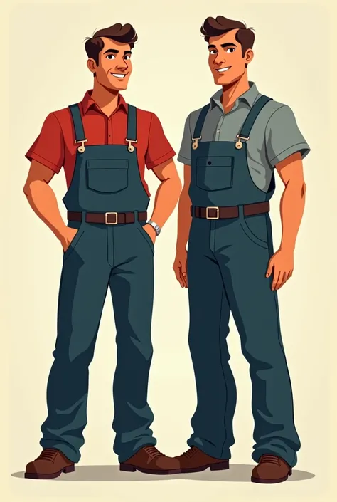 a pair of men in overalls standing side by side,  a digital rendering by Alejandro Obregón , reddit, Art Deco,  professional illustration ,  Avatar for website ,  professional illustration , Logotipo profesional,  Commercial illustration , promotional art,...