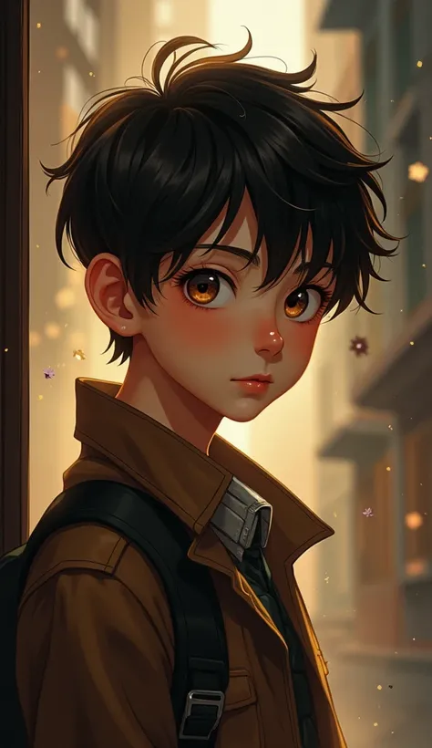  Image of a teenage boy of Chinese origin who is still in high school.  With shades of brown ,  has slightly disheveled straight hair .  With brown eyes , and detective theme . Make it like a book cover