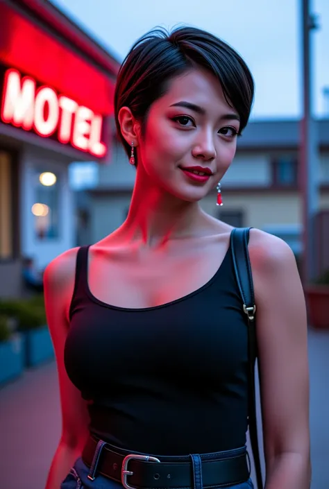 vantablack style , Cyber Beauty, swooping breasts, (((preppy woman))), short hair, near a motel, smiling, ear rings, makeup, handbag