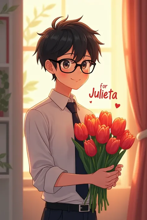  Anime drawing of a man with short black hair and a tie and glasses smiling,  delivering a bouquet of tulips with letters that say "for Julieta "