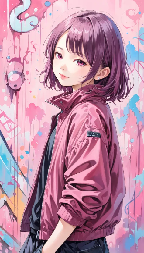 1girl, a little young girl, Alone, Viewer,  simple background,  pink background , Lazy, Half-closed eyes, Dyed burgundy hair, Smile,  functional style jacket,  upper body, Open clothes, abdomen, From the back, open jacket, Lips, oversized jacket , Graffiti...