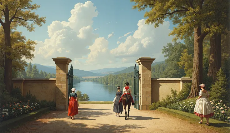 Color photo of an aristocratic equestrian estate in Europe, 1850, featuring a grand entrance with stone pillars,A lake in the background,In the foreground two women are walking in colorful dresses. Riders leave the property