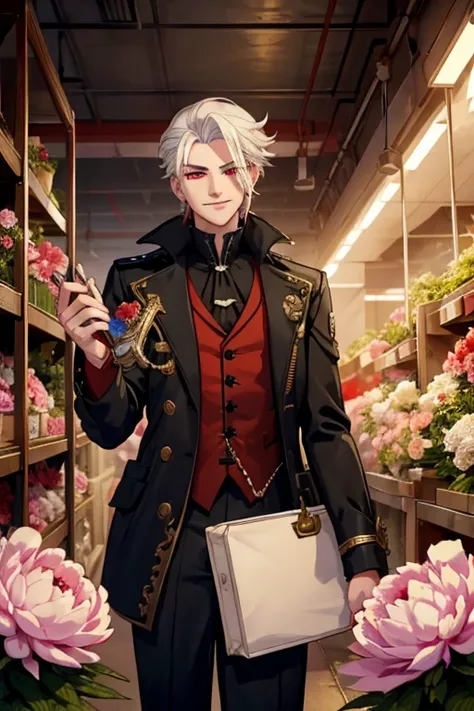 Perfect face. Perfect hands. A young white haired man with red eyes in a steampunk suit is smiling while examining peonies in the Underground market
