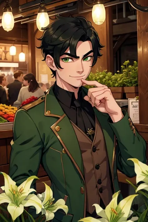 Perfect face. Perfect hands. A black haired man with green eyes and short hair in a steampunk suit is smiling while examining Gothic lilies in the Underground market
