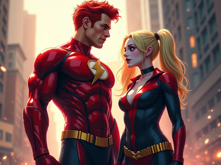 Crie um wallpaer do wally west (red-haired, tall and with athletic body ) and Harley Quinn (blonde,  tall and with a bulky body)