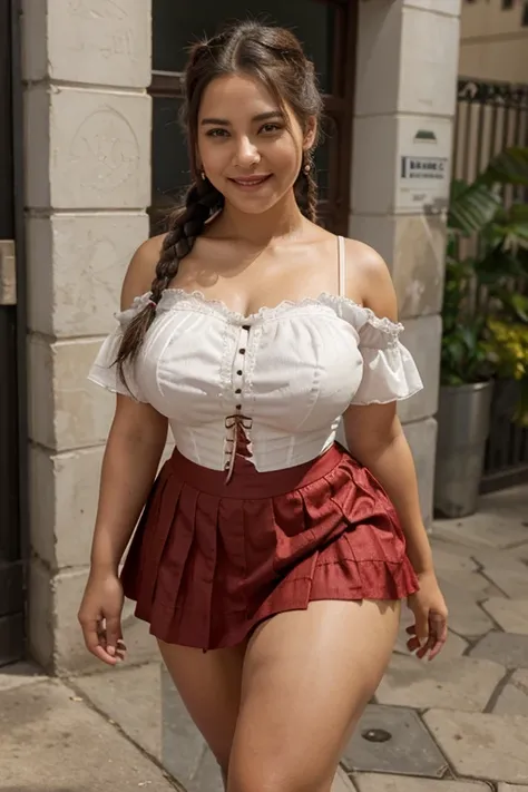  There is a woman standing on a sidewalk with a bag, Bolivian cholitas, white lace corset blouse , red skirt, smile, She is about 20 years old , pretty,  Beautiful image , latinas,  big breast,  thick thighs, braids