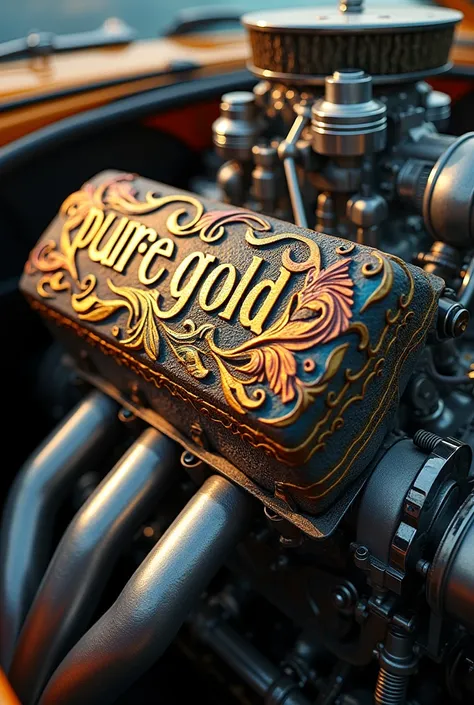 The word " PURE GOLD" in a colorful artisty carved on a bick engine 