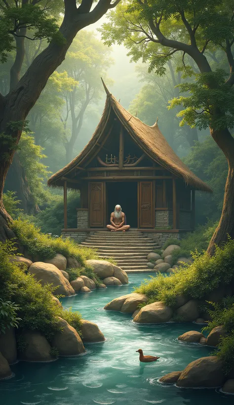 "Create a serene and divine image of a sage (munivar) in his ashram during the Puranic era. The sage is seated in deep meditation or prayer, surrounded by nature in a peaceful, sacred environment. The ashram is a simple, rustic structure made of wood and s...