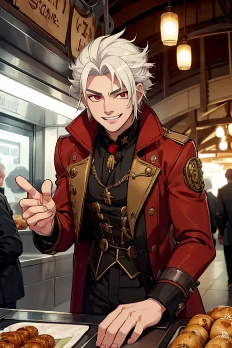 Perfect face. Perfect hands. A young white haired man with red eyes in a steampunk suit is smiling while leaning forward in the Underground market