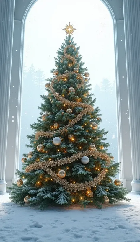 make a big, somptuous, and decorative fir tree in a white room , with snow