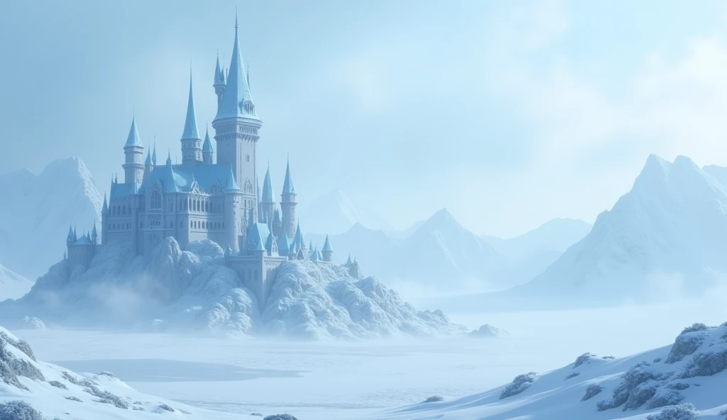 The camera slowly pans across the vast, icy landscape of Arendelle, now covered in thick snow. The once majestic castle is shrouded in frost, with icy towers gleaming under the pale blue sky. The peaceful silence is broken by a gust of wind, swirling snowf...