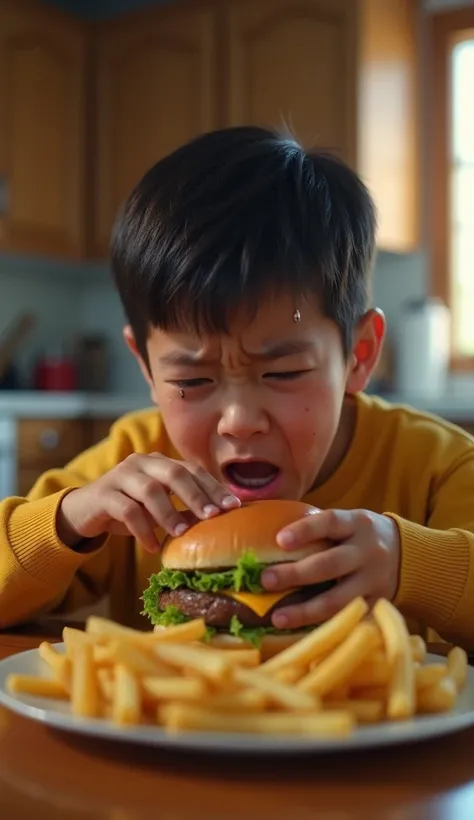 A  eating American fast food, such as a burger and fries, sitting at a kitchen table, crying with tears rolling down their cheeks. The scene is set in a warm, everyday kitchen with realistic lighting and detailed textures, 4K ultra-realistic.