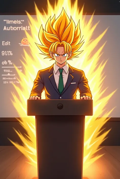 Goku as a corporate head in a company giving presentations. The image should resemble the anime Dragon Ball Z,  also the art form must be exactly like the Dragon Ball Z anime. Goku in  Super Saiyan mode but in suit like a chilled person, steve jobs perhaps...