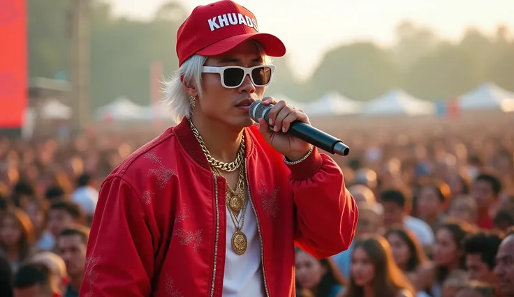 Create a realistic image of a handsome Thai+Korean rapper performing live at an outdoor music festival. He is the central focal point. in sharp focus Meanwhile, the crowd in the background is slightly blurred. He wore a red bomber jacket with a slightly sc...