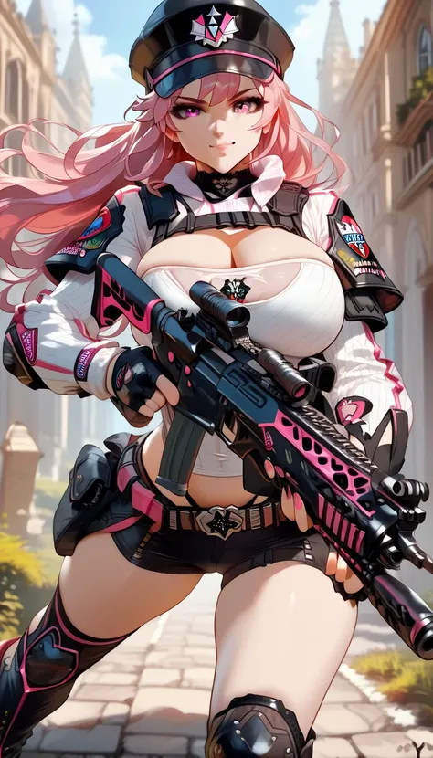 ultra-detailed, 1girl, solo, ((masterpiece)), (best quality), (highres), 16K, pink eyes, pink hair, long hair, cap, wearing tactical clothes, fingerless gloves, tactical belt, thighhighs, knee pads, black thong, boots, busty body, large breasts, showcasing...