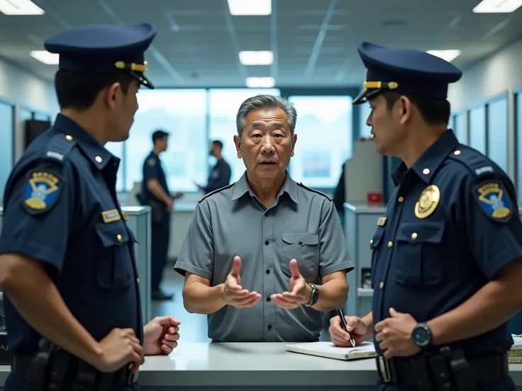 An Asian man spoke to police at a police station