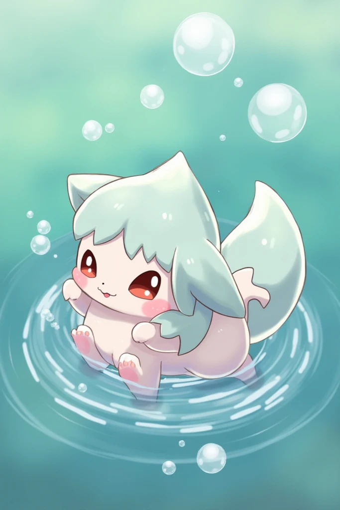 A small round Pokémon ,  with a soft, shiny body like a soap bubble .  It has short ears and plump paws that it uses to play in the water.  always carries small bubbles around ,  that reflect light and make it look magical .
