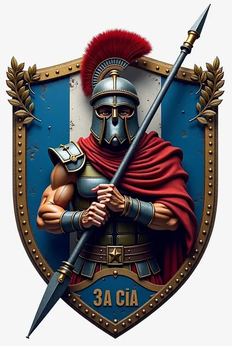 Create a realistic black coat of arms with a Spartan shield with a crown of laurels and a Spartan warrior with a sample face with an assault rifle inside the shield. At the bottom write  "3ª CIA"