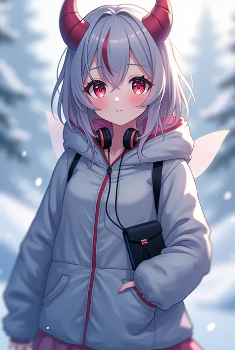 Anime Girl Half-Fairy and Demon Two-color Eyes, Earphones on Neck, Wearing Winter Outfits, Wearing Coveralls, Wearing Skirt