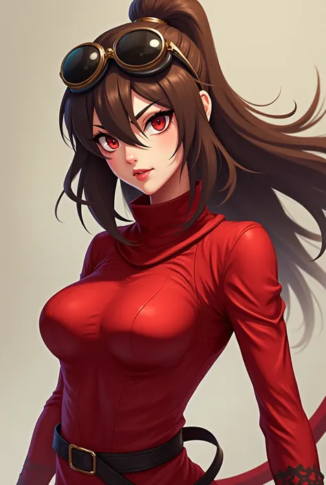 Ninja rojo,  brown hair , agile,  with a scar over her right eye,  with lenses on her hair , no bands , without a mask,  portrait, man,  animation.
