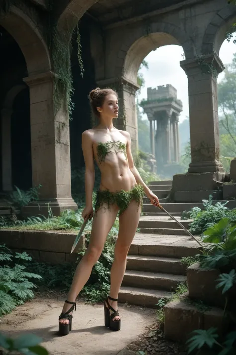 Ultra-realistic photo: very wide pelvis, with muscular thighs, skinny shoulders, visible ribs, flat chest, elven witch with a wand and a dagger for drawing, in platform shoes and stilettos. In ancient elven ruins, overgrown with ivy, ferns and moss, glowin...