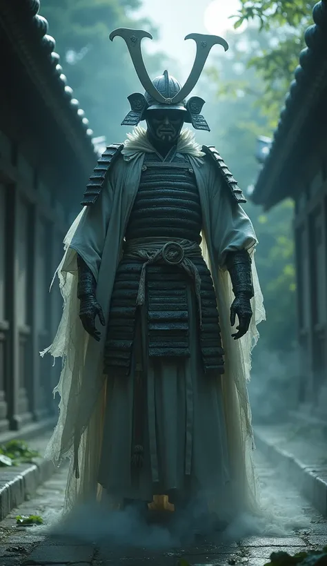 A chilling full-body portrait of a spectral Japanese warrior in traditional samurai armor, aged and corroded by centuries. The ghosts ethereal form is semi-transparent, with faint glowing energy illuminating the cracks and scratches in the armor. His long,...