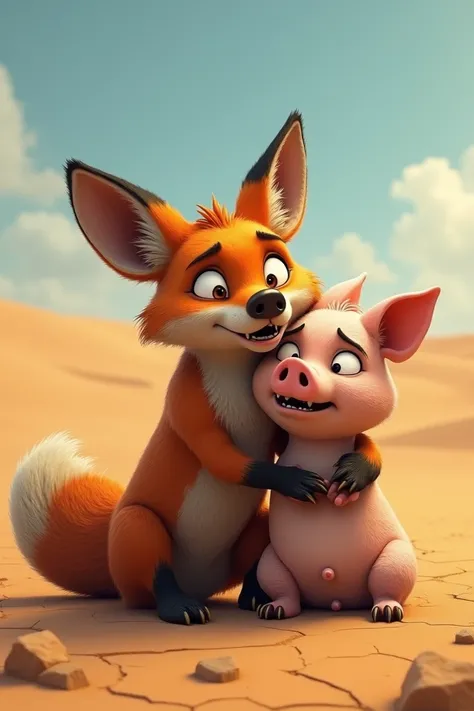 A fox and a pig crying and begging in the desert