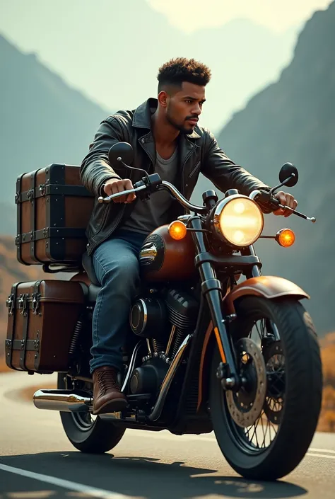 Image of a motorcycle boy with a trunk on the bike