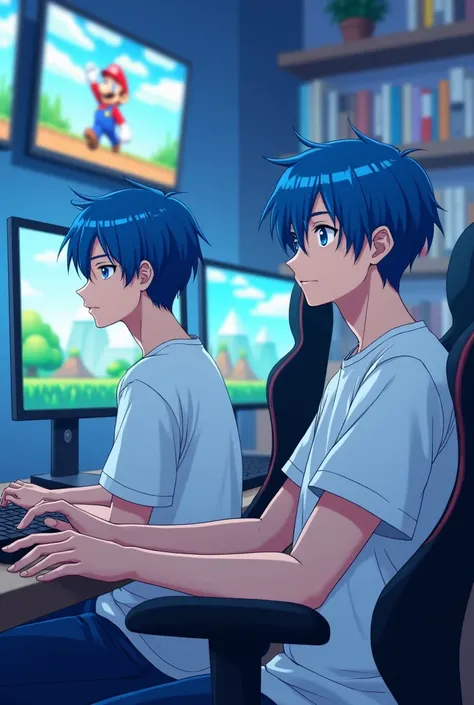 Men in anime ,alone,Blue hair, blue eyes, White T-Shirt,See half of the body, hairstyles similar to Ayano-Kochi from the anime, have careers as game casters , The background is a game room with 2 coms , 1st coms Open Minecraft , 2nd coms Open Mario 