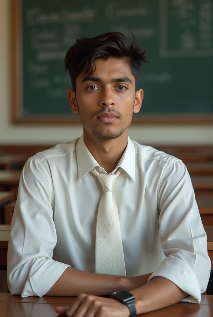 A 16-year-old boy in school uniform.  White shirt and light white tie.  Sitting in the classroom. The tie has light to white lines. Army hair cut . And Pakistan boy .. Pakistani school 
