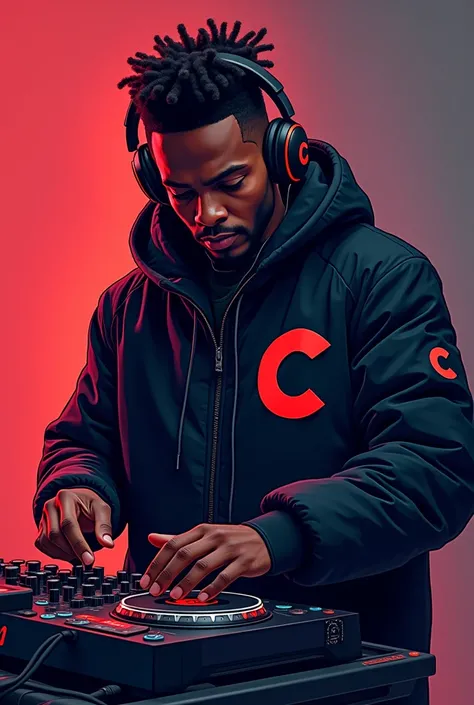 A logo of a dark-skinned DJ with a letter C on his black coat playing music and written on top of his head written CHUCLATIN 
