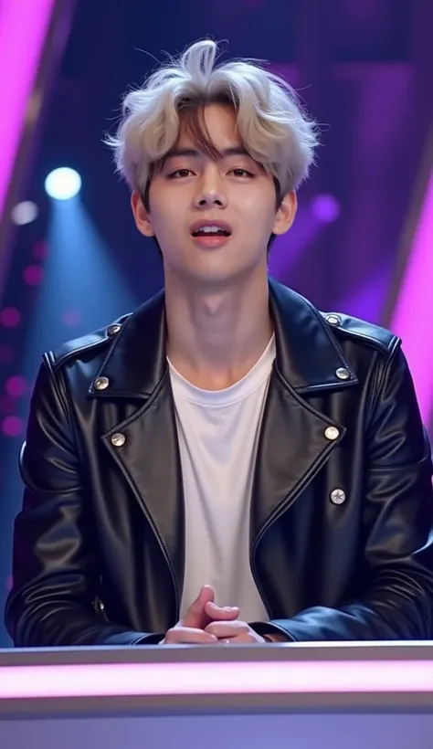 Korean talend show, A young bts Kpop man v with tousled blond hair sits at a table, wearing a black leather jacket over a white t-shirt. illuminated judges table wearing a stylish black suit. Show  Man reacting with wide, astonished eyes, leaning forward i...