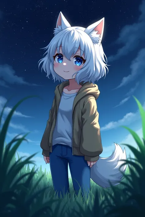 Adult werewolf with short white hair , wavy,  wearing casual clothes ,  with blue irises and a tender smile ,  standing on the grass with the night sky, anime
