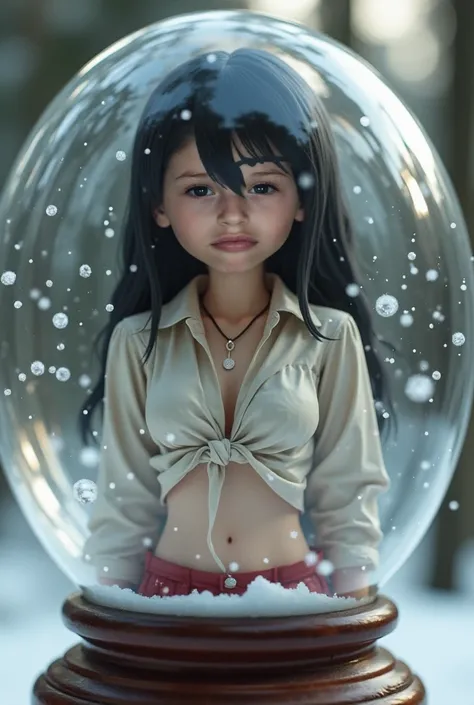  Western Caucasian girl with white skin with pubescent face and pubescent  dressed as a sexy schoolgirl with a tight, knotted shirt showing her navel and short skirt with petite and adolescent body inside a snowglobe