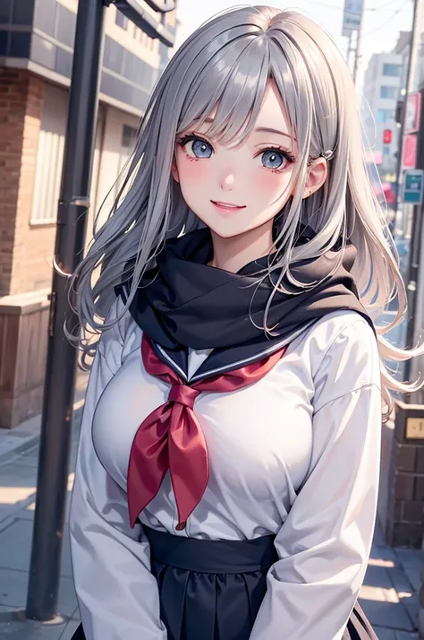 ( Best Quality, high definition ,8k,inelity detailed background, Masterpiece:1.2), pretty girl,Big Breasts, glossy romance gray hair,long hair,messy hair,Beautiful grey eyes, school uniform, sailor suit,  comments,  scarf, Gentle look,A refreshing look,Bes...