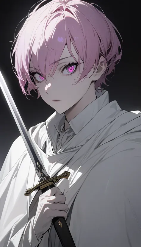 1 girl dressed as a man, masterpiece,  top quality,  beauty,  No Emotion,  pink and black bicolor hair, Short Hair,  pink eyes,  white cloak, Best, Noble Knight , Pose to pull out a sword, Black background