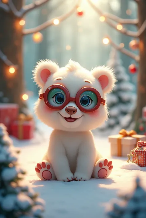 Create a cute little white bear cute eye wear a Christmas time in a Christmas environment Christmas forest 