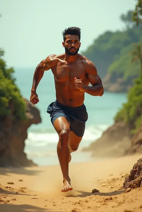 An Indian with attractive jaw line with short hair with strong legs running in gokarna towns sea and nature where his whole body and face is visible ( front view)