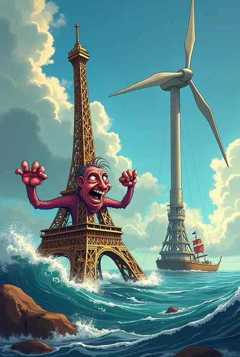 Caricature. 
Un combat entre la tour Eiffel anthropomorphe et une éolienne maritime.
