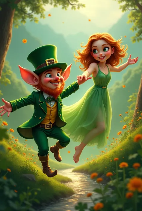 A leprechaun taking a girl in a dress 